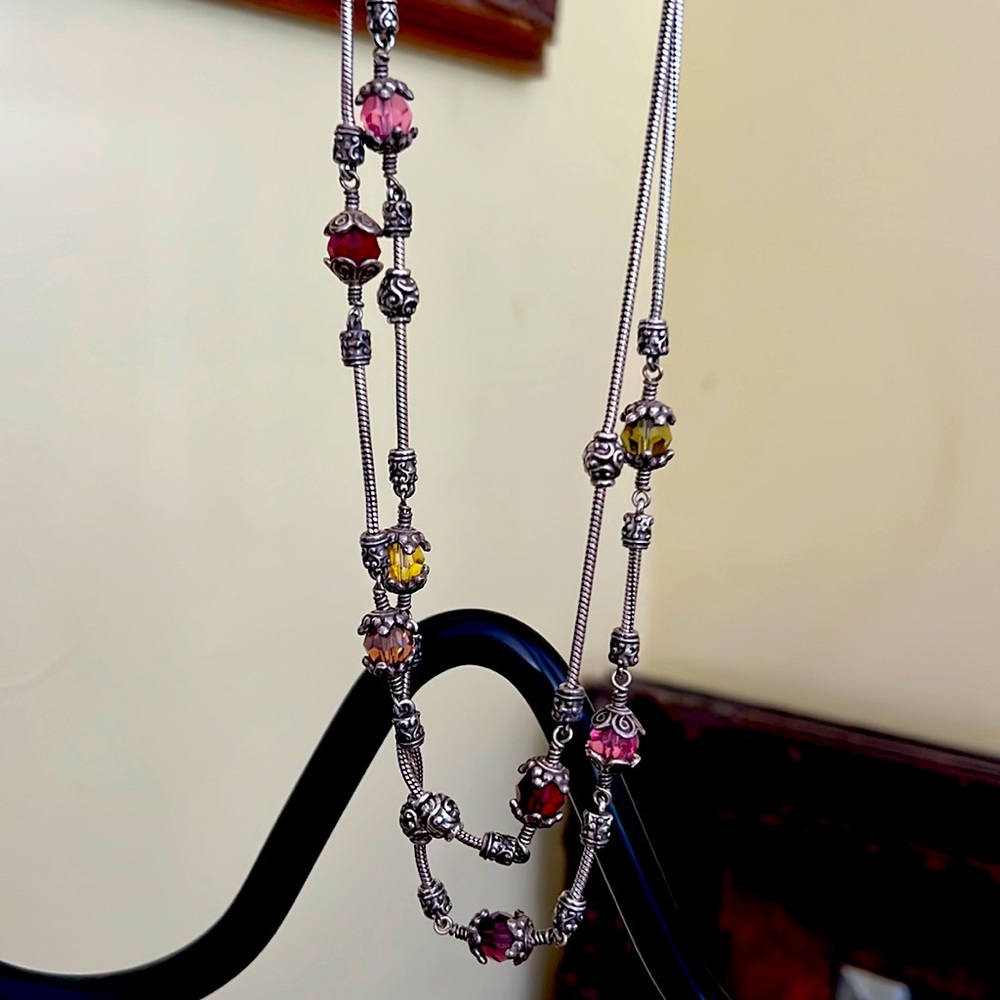 Vintage 18" Brighton Necklace Double Strand Glass Crystal Beads Silver Metal
